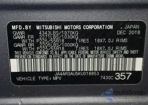 2019 Mitsubishi Outlander Sport Es z USA, uszkodzony, nr VIN JA4AR3AU5KU018853